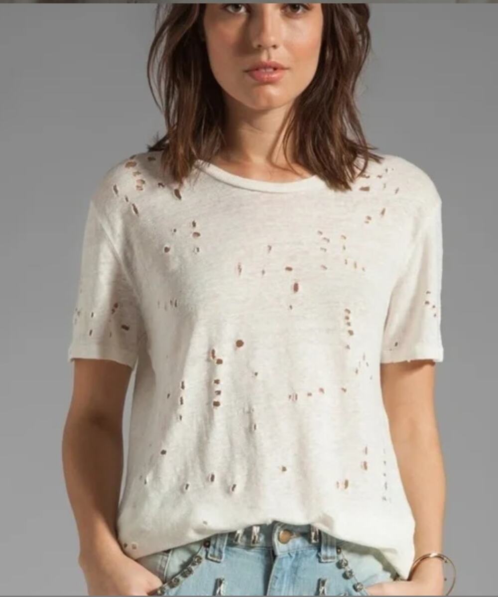 IRO Clay Laser Cut Distress Linen T-Shirt in Cream Womans Large